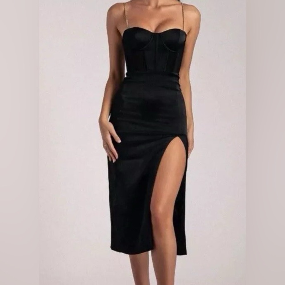 Meshki Talisa Chain Strap Side Split Corset Midi Dress - Black
